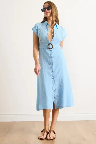 Women's Blue Lined Belted Muslin Shirt Dress ELB-19002423-Blue 