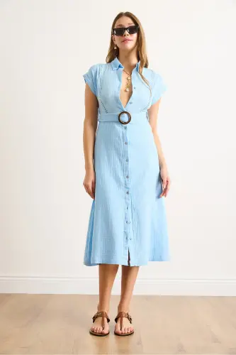 Women's Blue Lined Belted Muslin Shirt Dress ELB-19002423-Blue - OLALOOK (1)