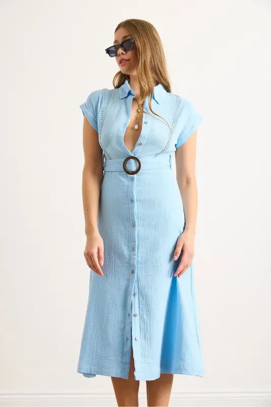 Women's Blue Lined Belted Muslin Shirt Dress ELB-19002423-Blue - 3