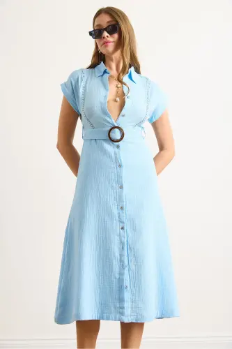 Women's Blue Lined Belted Muslin Shirt Dress ELB-19002423-Blue - 4