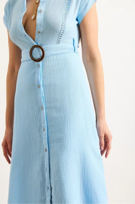 Women's Blue Lined Belted Muslin Shirt Dress ELB-19002423-Blue - 5