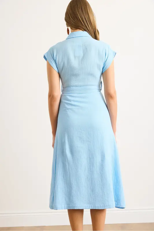 Women's Blue Lined Belted Muslin Shirt Dress ELB-19002423-Blue - 6