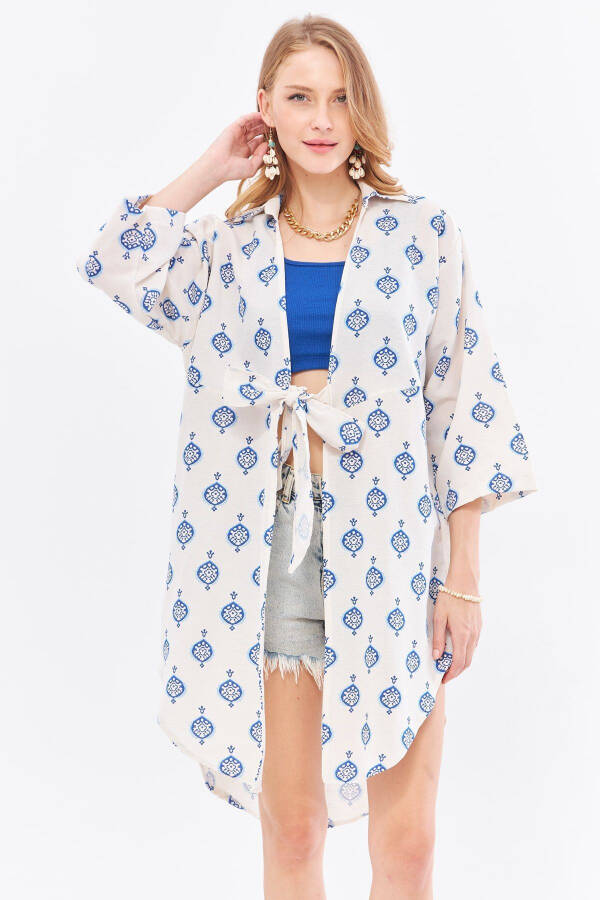 Women's Blue Linen-look Patterned Front-Tie Design - 1