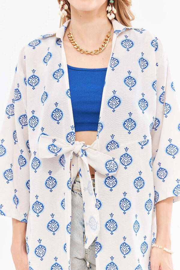 Women's Blue Linen-look Patterned Front-Tie Design - 2