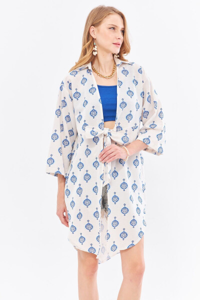 Women's Blue Linen-look Patterned Front-Tie Design - 3