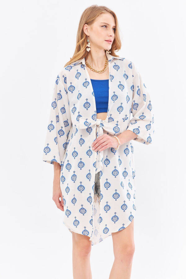 Women's Blue Linen-look Patterned Front-Tie Design - 3