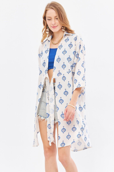 Women's Blue Linen-look Patterned Front-Tie Design - 4