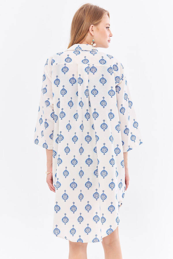 Women's Blue Linen-look Patterned Front-Tie Design - 5