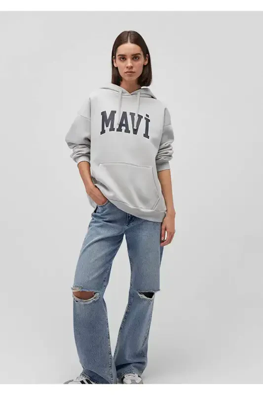 Women's Blue Logo Printed Hooded Gray Sweatshirt 1600361-34322 - MAVI