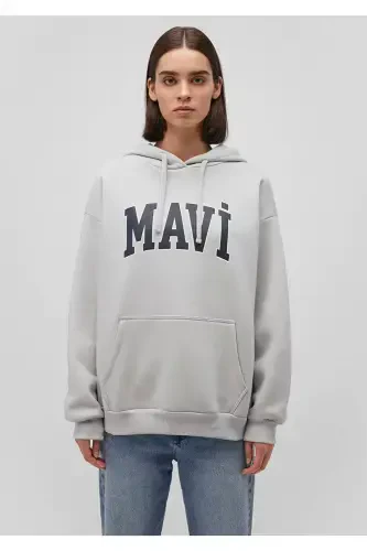 Women's Blue Logo Printed Hooded Gray Sweatshirt 1600361-34322 - MAVI (1)