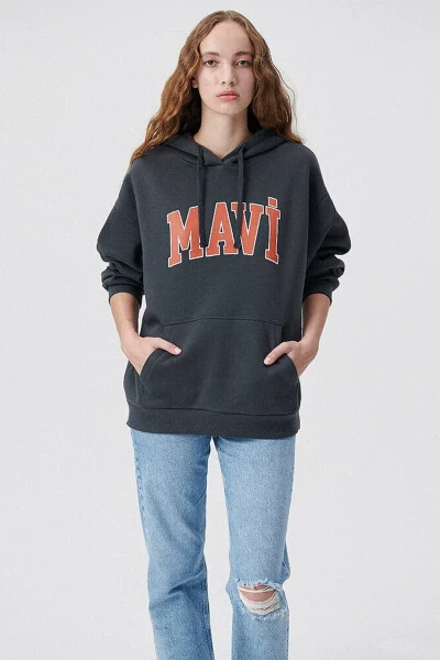 Women's Blue Logo Printed Hooded Grey Sweatshirt 1600361-80106 - MAVI