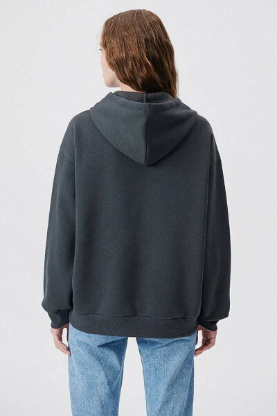 Women's Blue Logo Printed Hooded Grey Sweatshirt 1600361-80106 - 3