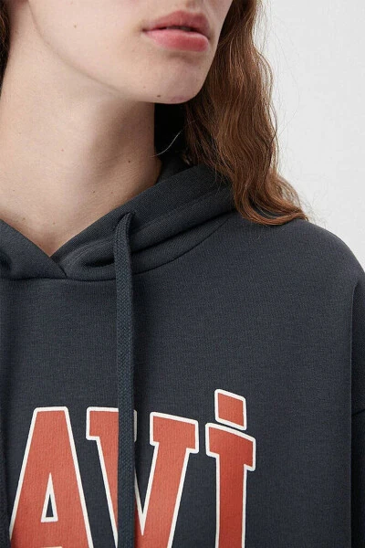 Women's Blue Logo Printed Hooded Grey Sweatshirt 1600361-80106 - 4