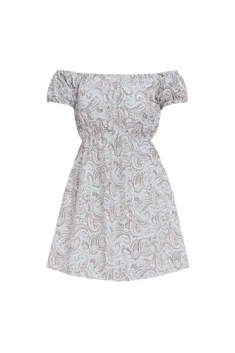 Women's Blue Madonna Collar Watermelon Sleeve Patterned Crinkle Knit Dress ALC-X10516 - 1