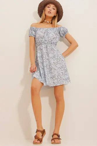 Women's Blue Madonna Collar Watermelon Sleeve Patterned Crinkle Knit Dress ALC-X10516 - 4