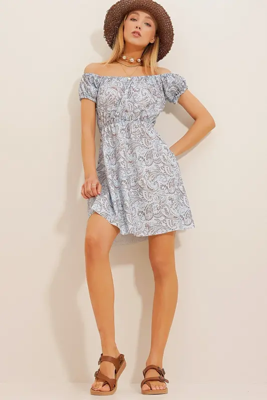 Women's Blue Madonna Collar Watermelon Sleeve Patterned Crinkle Knit Dress ALC-X10516 - 4