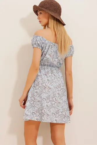 Women's Blue Madonna Collar Watermelon Sleeve Patterned Crinkle Knit Dress ALC-X10516 - 8