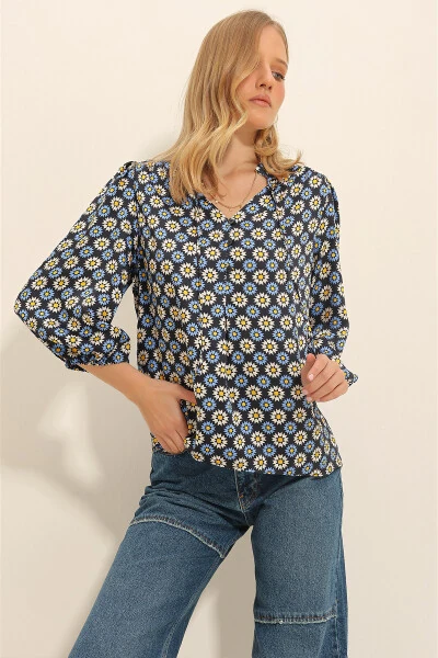 Women's Blue Mandarin Collar Floral Print Button Detail Woven Blouse ALC-X11333 - TREND ALAÇATI STILI
