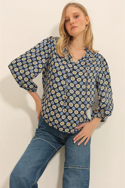 Women's Blue Mandarin Collar Floral Print Button Detail Woven Blouse ALC-X11333 - TREND ALAÇATI STILI (1)