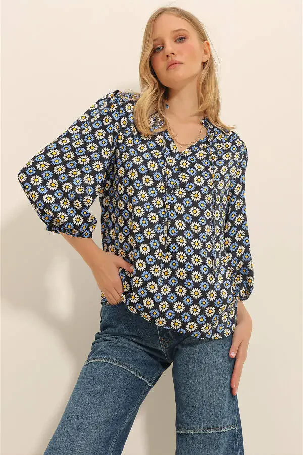 Women's Blue Mandarin Collar Floral Print Button Detail Woven Blouse ALC-X11333 - 3