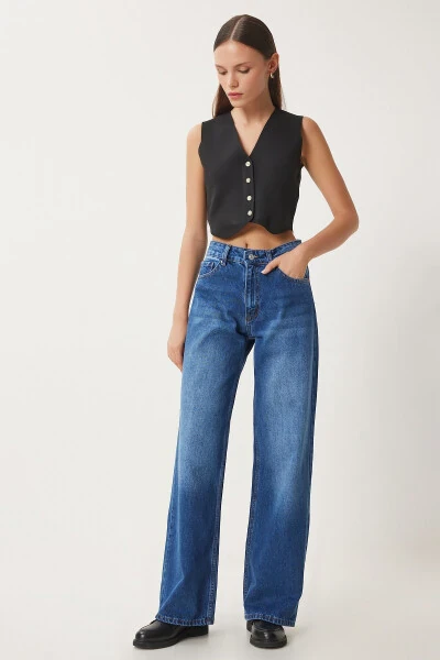 Women's Blue Mid Waist Wide Leg Jeans UT00023 - HAPPINESS İSTANBUL (1)