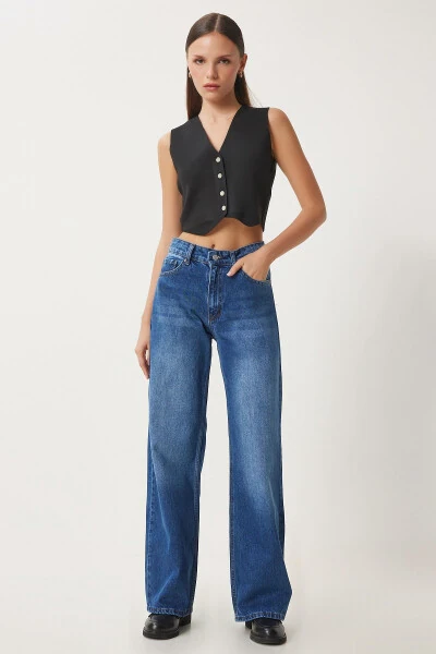 Women's Blue Mid Waist Wide Leg Jeans UT00023 - 3