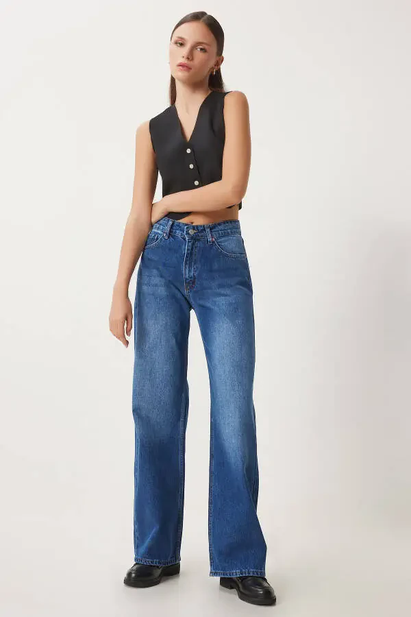 Women's Blue Mid Waist Wide Leg Jeans UT00023 - 4