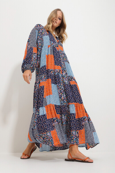 Women's Blue-Orange Mandarin Collar Scarf Pattern Maxi Dress (Alc-X11593) 