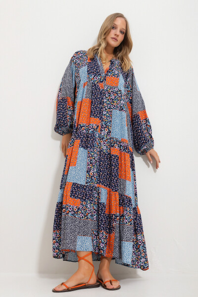 Women's Blue-Orange Mandarin Collar Scarf Pattern Maxi Dress (Alc-X11593) - 2