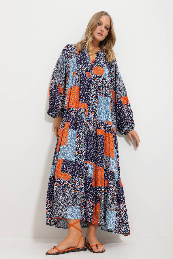 Women's Blue-Orange Mandarin Collar Scarf Pattern Maxi Dress (Alc-X11593) - 2