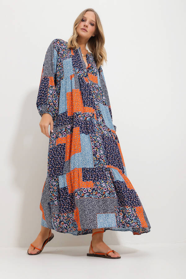 Women's Blue-Orange Mandarin Collar Scarf Pattern Maxi Dress (Alc-X11593) - 3