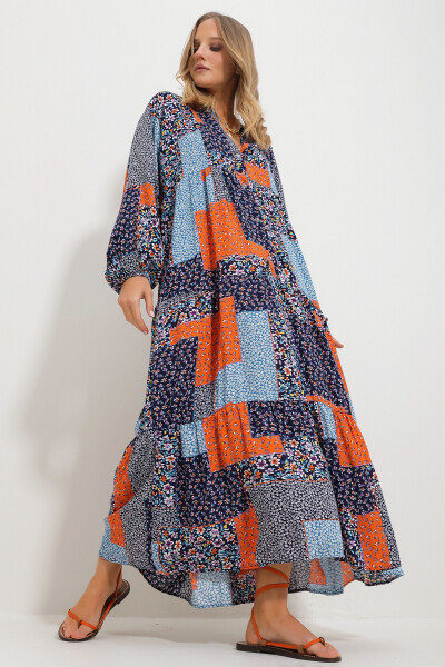 Women's Blue-Orange Mandarin Collar Scarf Pattern Maxi Dress (Alc-X11593) - 4