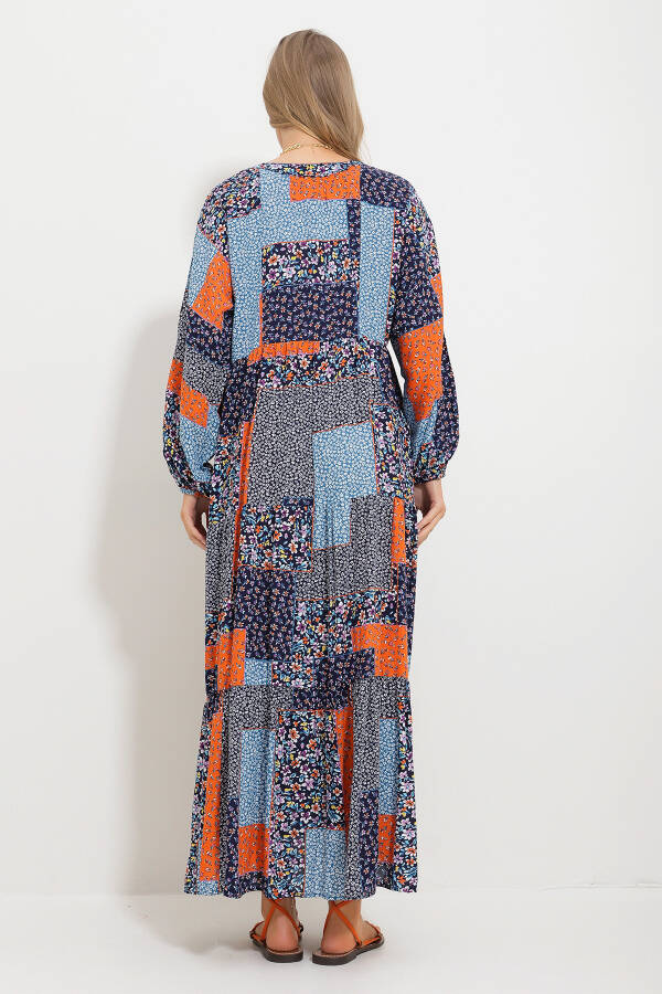 Women's Blue-Orange Mandarin Collar Scarf Pattern Maxi Dress (Alc-X11593) - 5