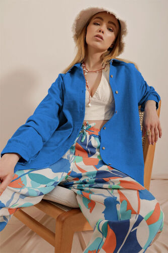 Women's Blue Oversized Linen Shirt ALC-X10343 - TREND ALAÇATI STILI (1)