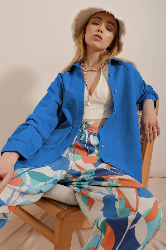 Women's Blue Oversized Linen Shirt ALC-X10343 - 2