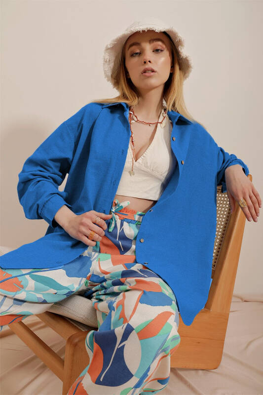 Women's Blue Oversized Linen Shirt ALC-X10343 - 3