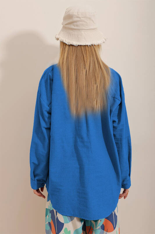 Women's Blue Oversized Linen Shirt ALC-X10343 - 5