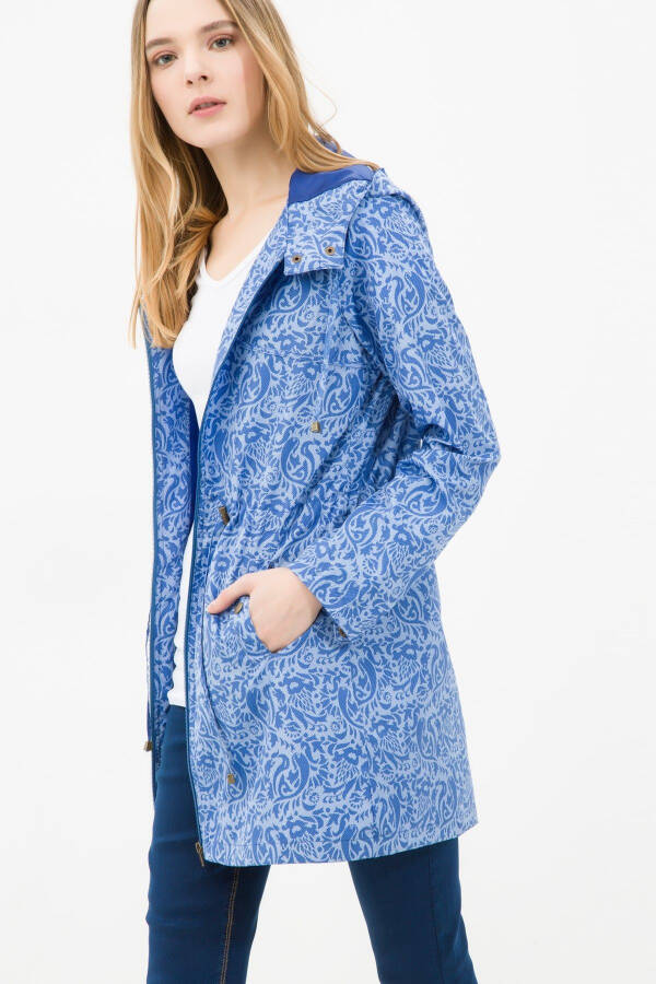 Women's Blue Patterned Coat 6YAK06039GW - 1