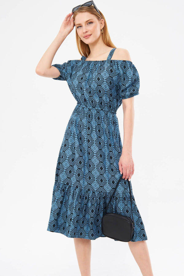 Women's Blue Patterned Elastic Waist Strapless Dress Arm-23y001053 - 3