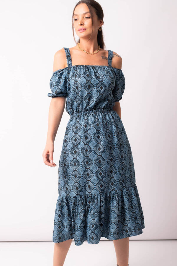 Women's Blue Patterned Elastic Waist Strapless Dress Arm-23y001053 - 6