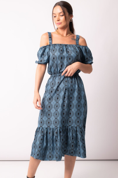 Women's Blue Patterned Elastic Waist Strapless Dress Arm-23y001053 - 7