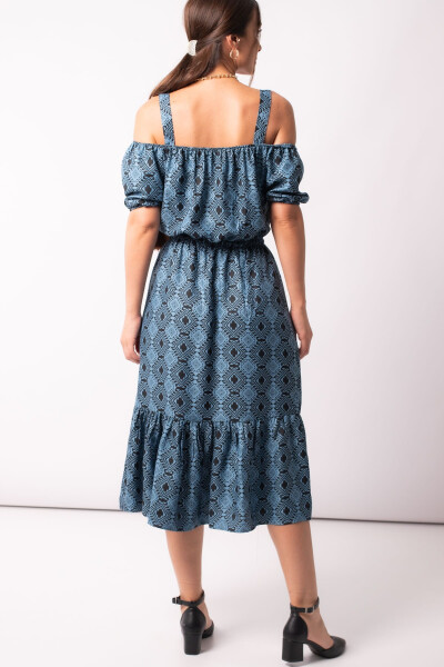 Women's Blue Patterned Elastic Waist Strapless Dress Arm-23y001053 - 8