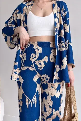 Women's Blue Patterned Kimono Set-blue patterned - TRENDALISSE (1)