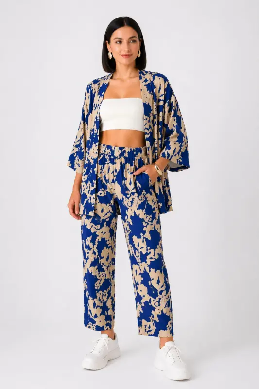 Women's Blue Patterned Kimono Set-blue patterned - 1