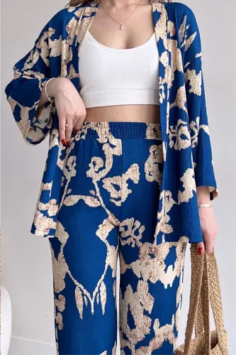 Women's Blue Patterned Kimono Set-blue patterned - 3