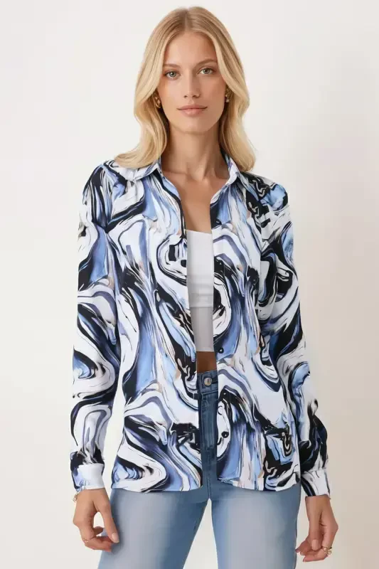 Women's Blue Patterned Long Sleeve Shirt ARM-24K001017 - 1