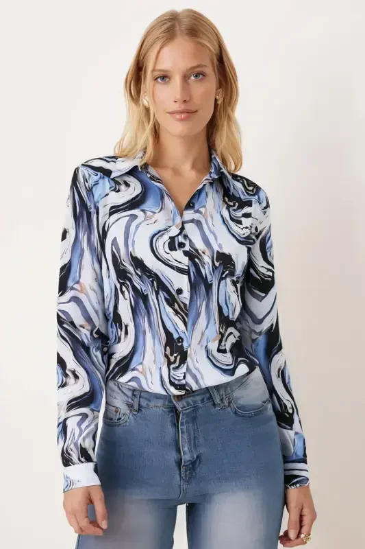 Women's Blue Patterned Long Sleeve Shirt ARM-24K001017 - 2