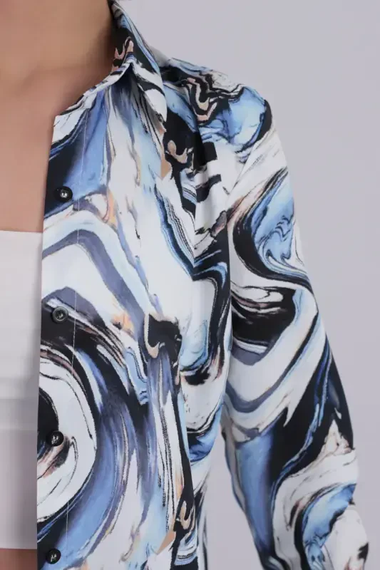 Women's Blue Patterned Long Sleeve Shirt ARM-24K001017 - 3