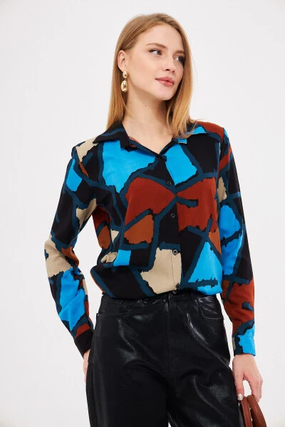 Women's Blue Patterned Long Sleeve Shirt ARM-25K001040 - ARMONIKA