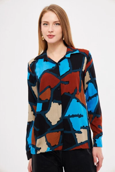 Women's Blue Patterned Long Sleeve Shirt ARM-25K001040 - ARMONIKA (1)